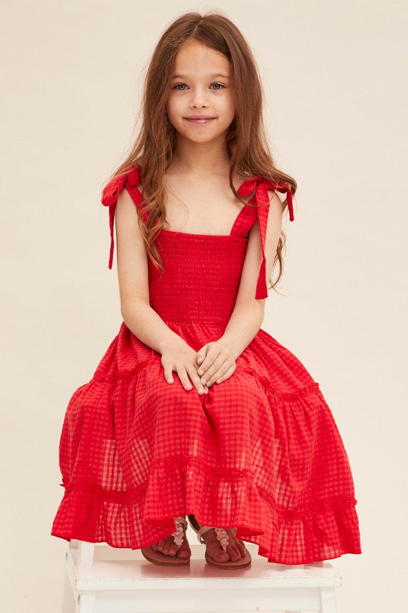 KIDS DRESS Red Kids Fit And Flare Dress Shirred for Women by Ally