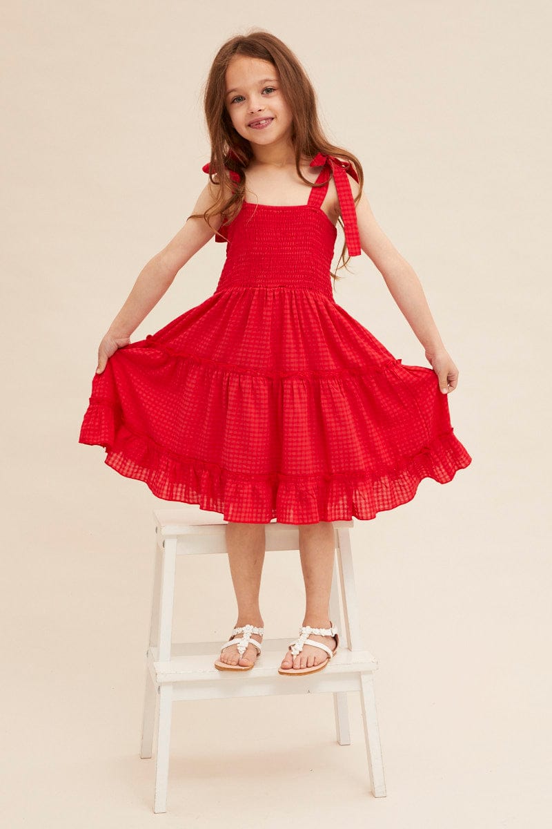 KIDS DRESS Red Kids Fit And Flare Dress Shirred for Women by Ally