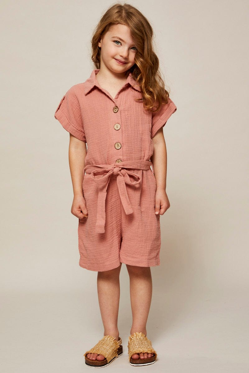 KIDS DRESS Rust Kids Button Front Textured Playsuit for Women by Ally