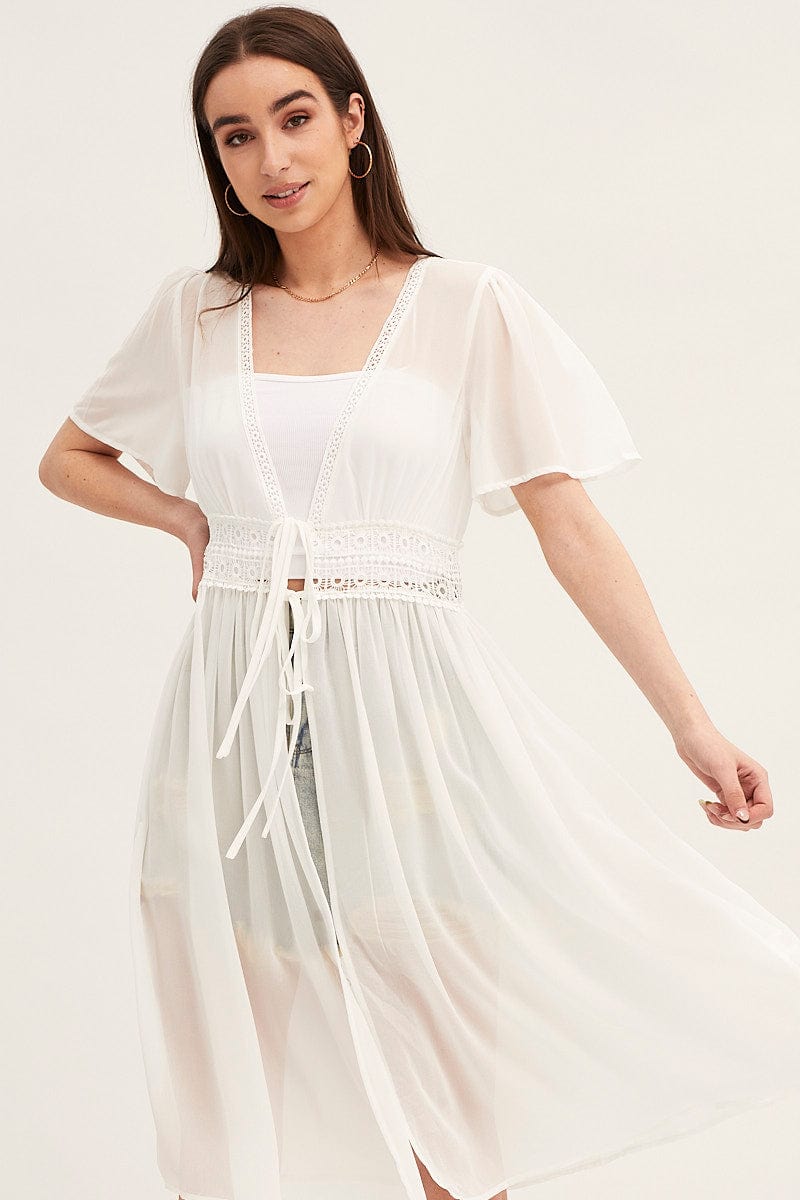 KIMONO White Short Sleeve Eyelet Tie Front Kimono for Women by Ally