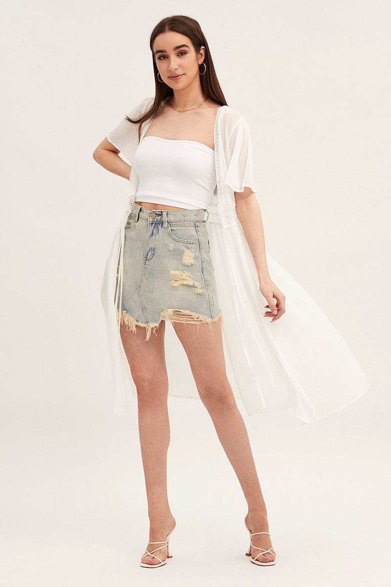 KIMONO White Short Sleeve Eyelet Tie Front Kimono for Women by Ally