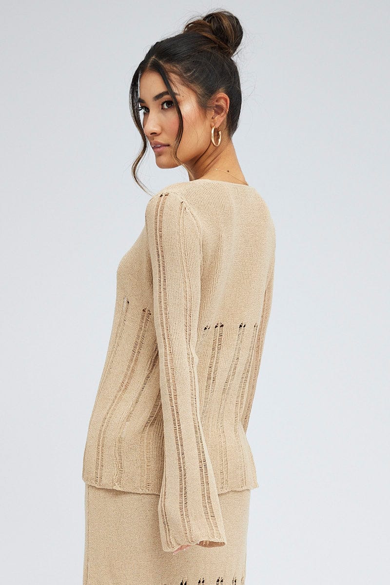 Beige Cardigan Long Sleeve V Neck Button Ladder Knitted for Ally Fashion