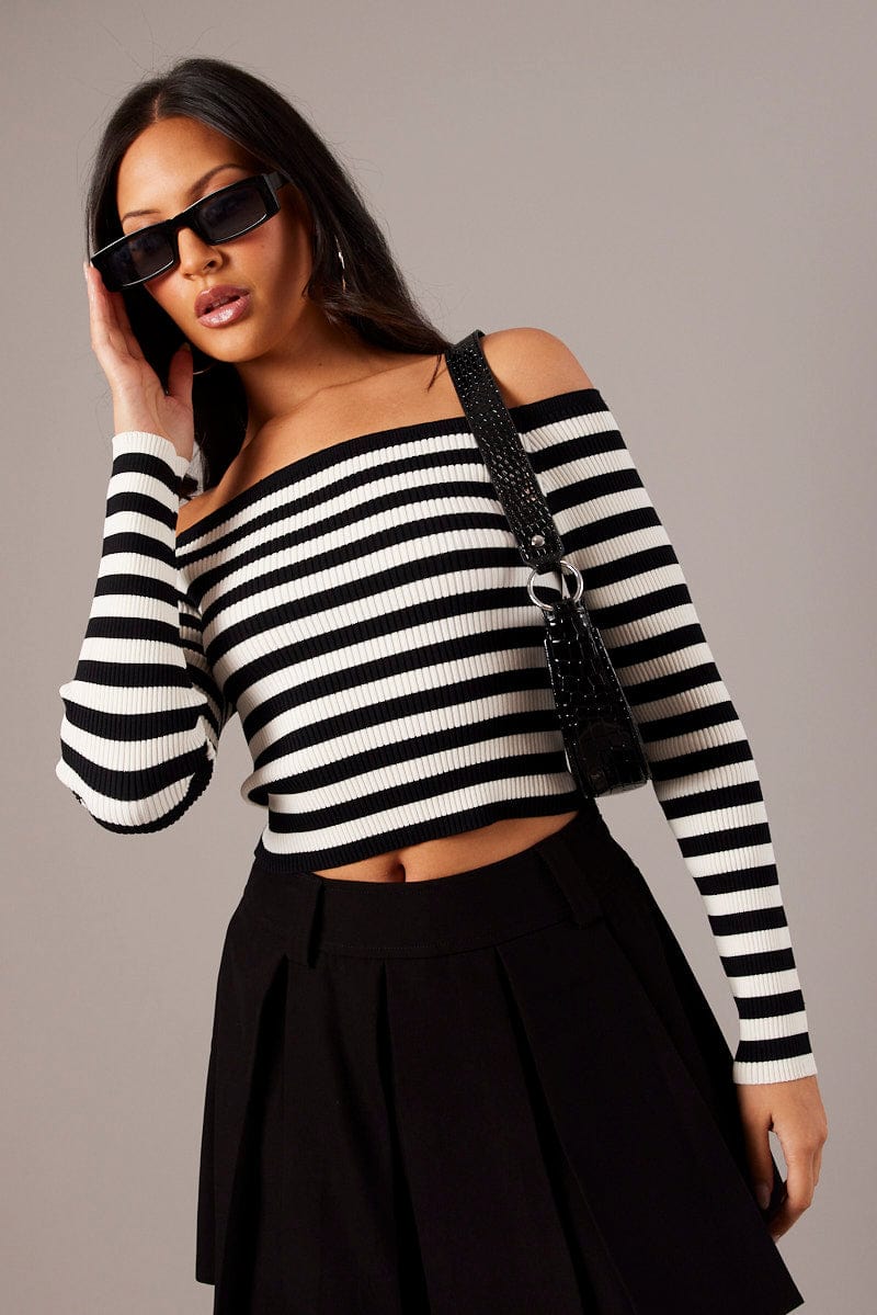 White Stripe Knit Top Long Sleeve Off Shoulder for Ally Fashion