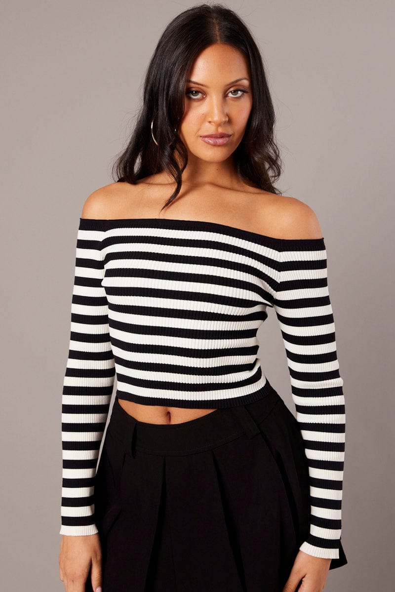 White Stripe Knit Top Long Sleeve Off Shoulder for Ally Fashion