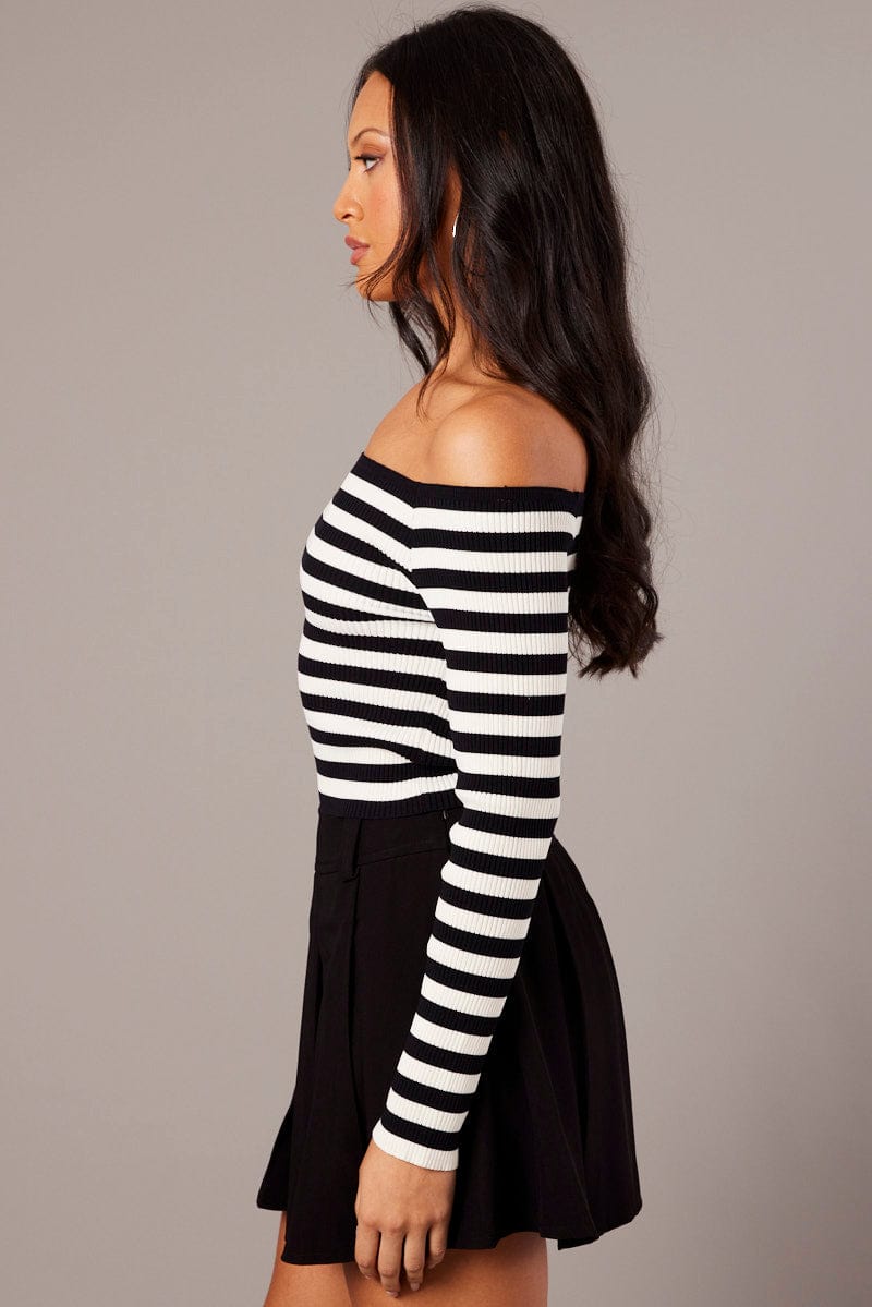 White Stripe Knit Top Long Sleeve Off Shoulder Ally Fashion