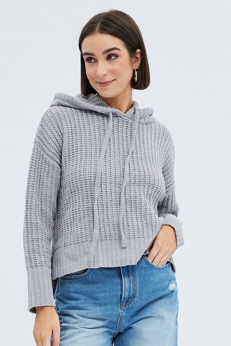 Grey Knit Top Long Sleeve Hoodie for Ally Fashion