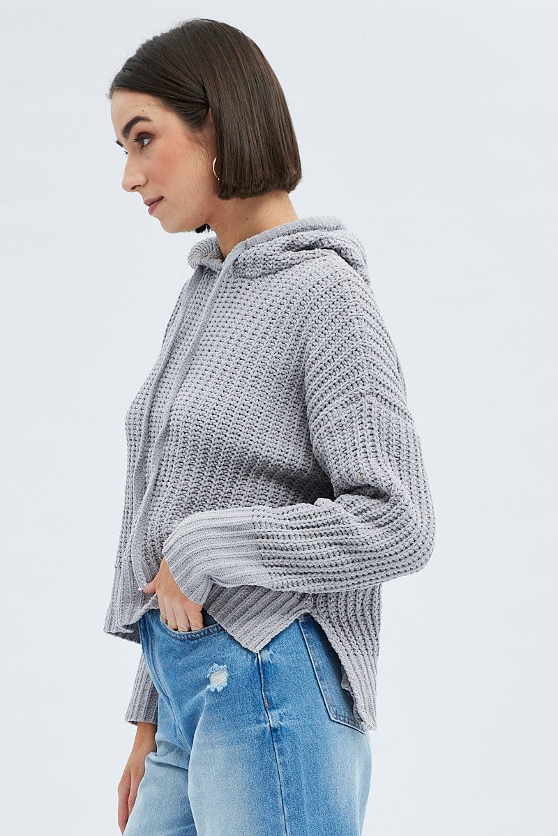 Grey Knit Top Long Sleeve Hoodie for Ally Fashion