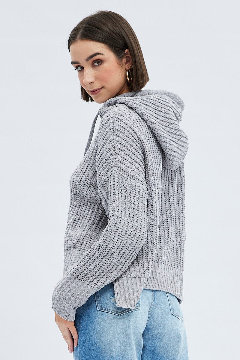 Grey Knit Top Long Sleeve Hoodie for Ally Fashion