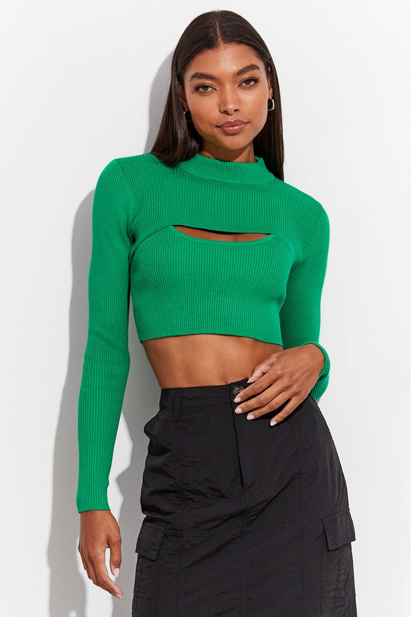 Green Knitted Cami Top And High Neck Shrug Set for Ally Fashion