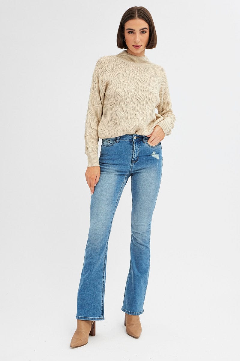 Beige Knit Top Long Sleeve Turtleneck Cable for Ally Fashion