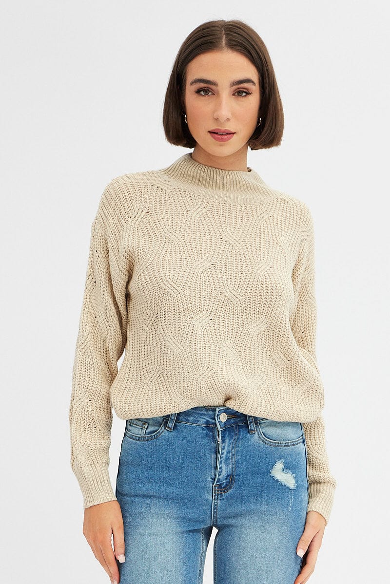 Beige Knit Top Long Sleeve Turtleneck Cable for Ally Fashion