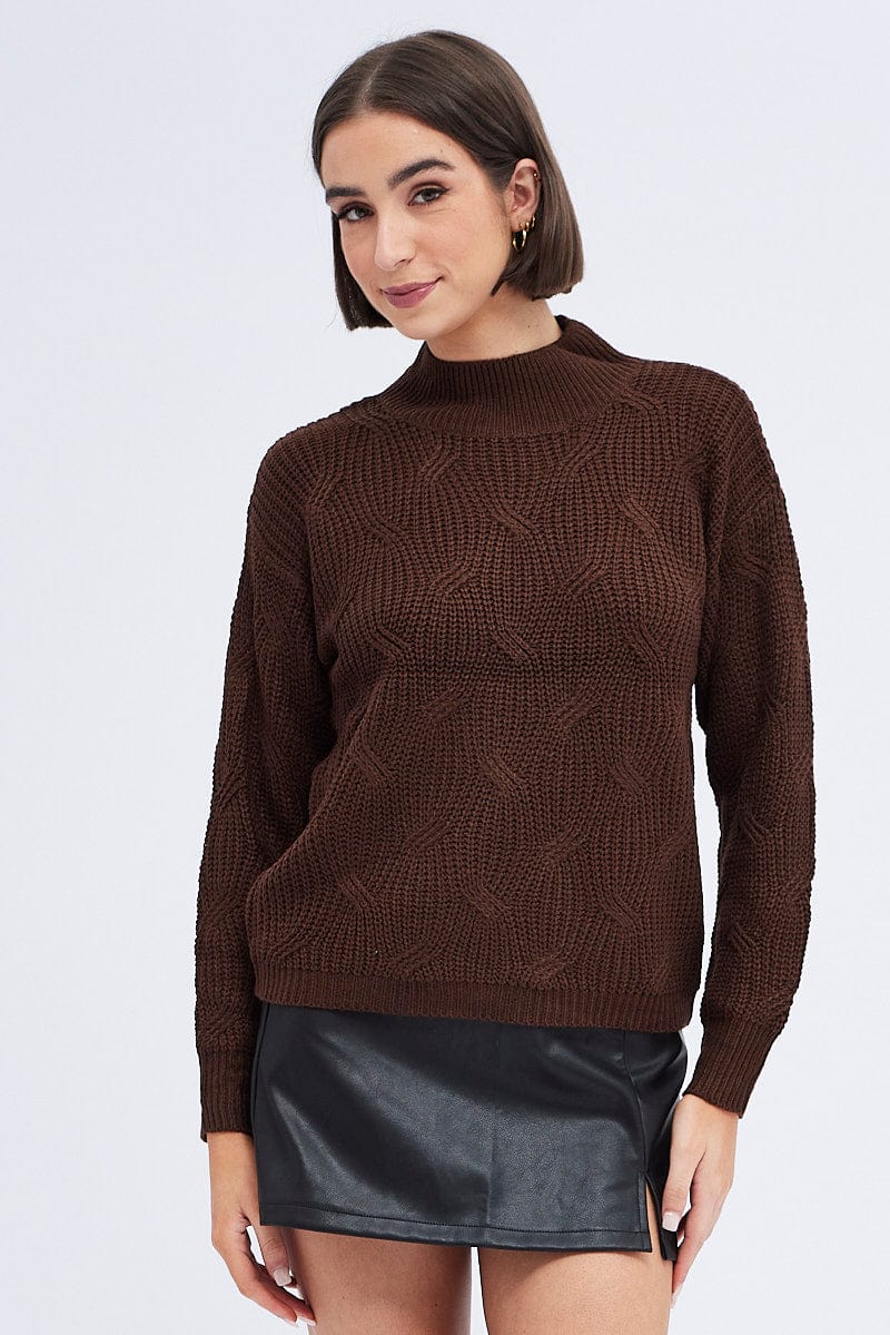 Women’s Brown Knit Top Long Sleeve Turtleneck Cable | Ally Fashion