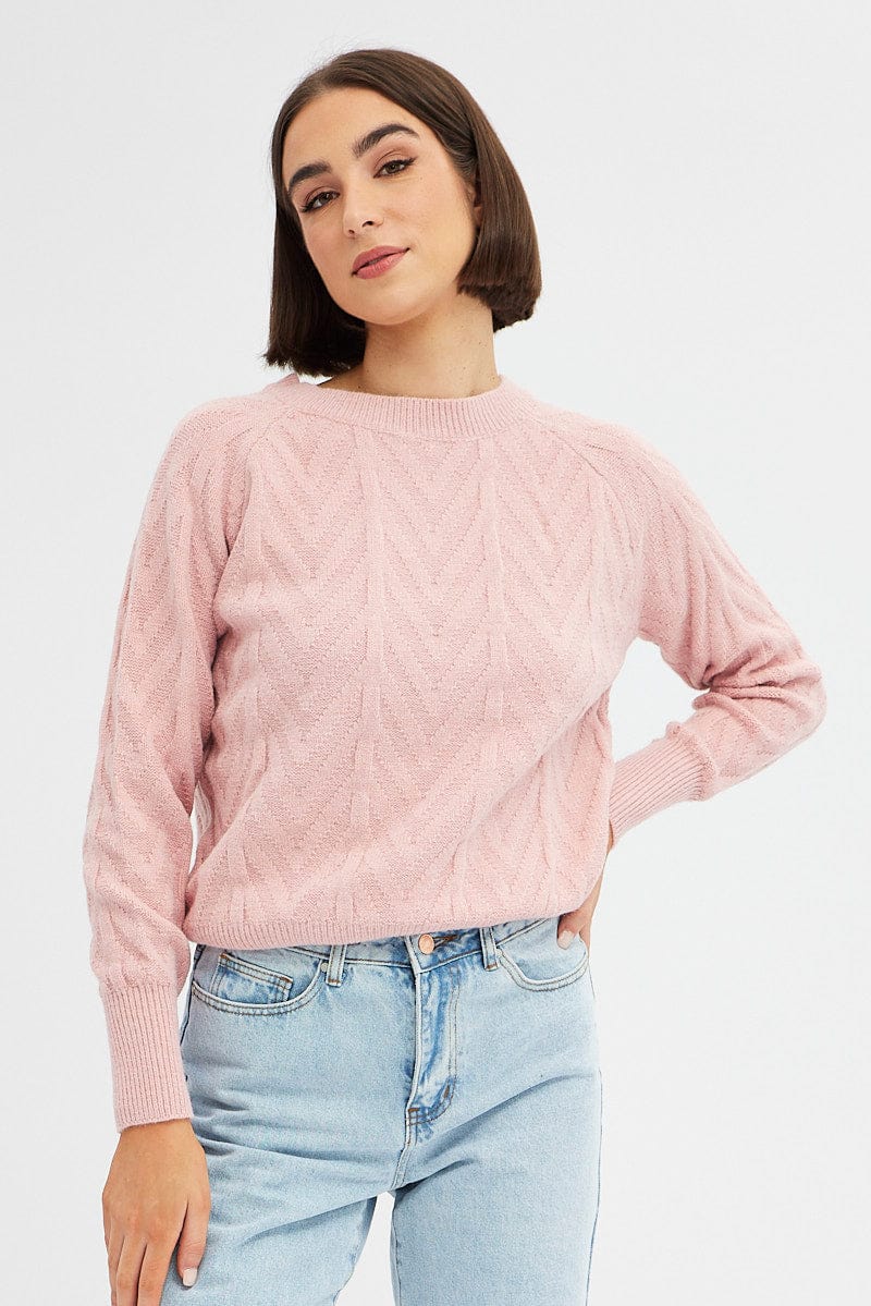 Pink Knit Top Long Sleeve Round Neck Cable for Ally Fashion