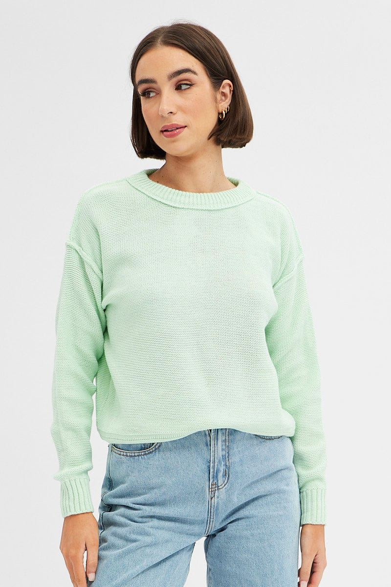 Women’s Green Knit Top Long Sleeve Round Neck Ally Fashion