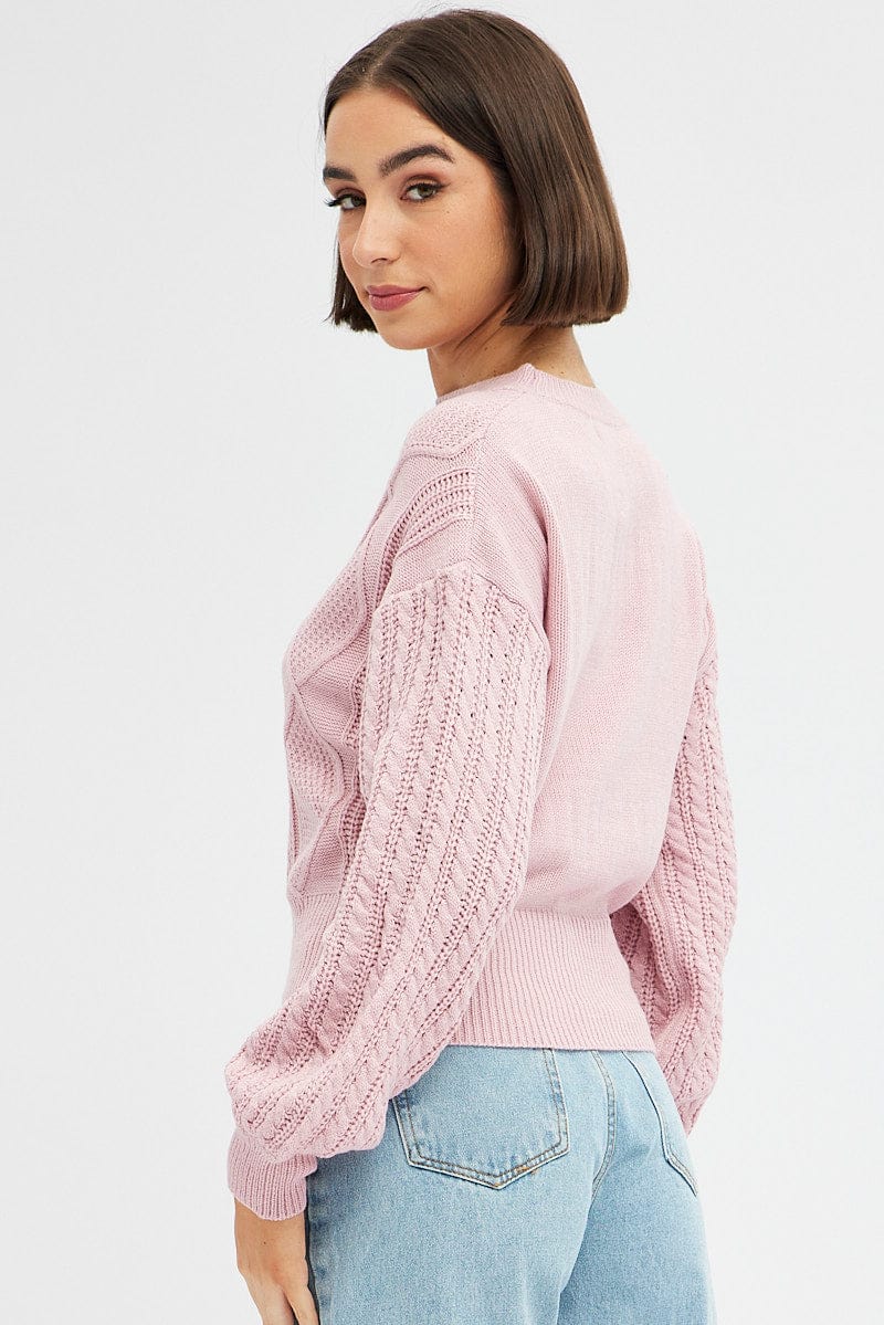 Pink Knit Top Long Sleeve Round Neck Cable for Ally Fashion