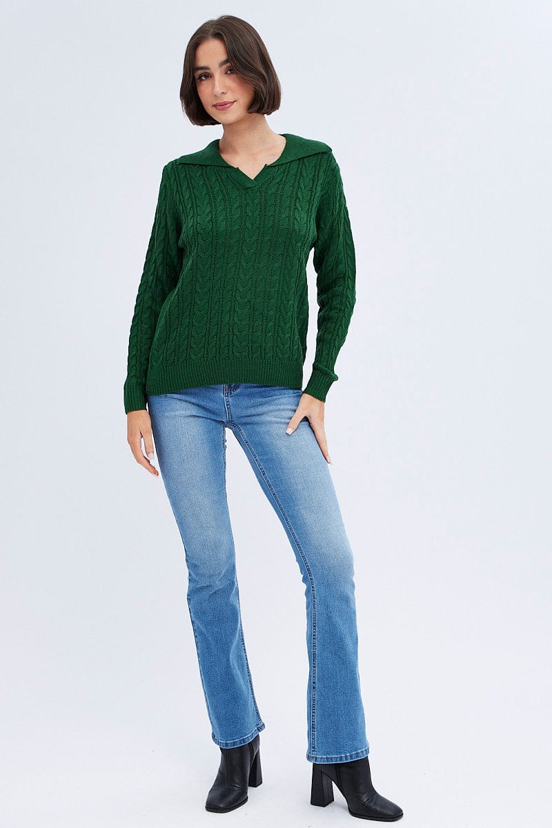 Green Knit Top Long Sleeve Collared Cable for Ally Fashion
