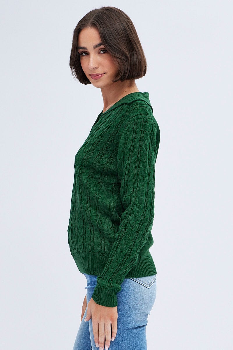 Green Knit Top Long Sleeve Collared Cable for Ally Fashion