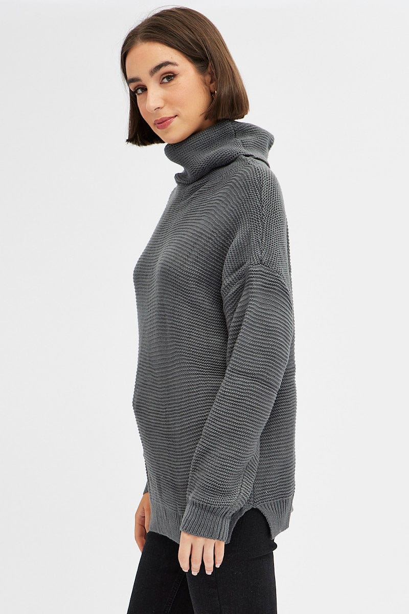 Grey Knit Top Long Sleeve Relaxed Turtleneck for Ally Fashion