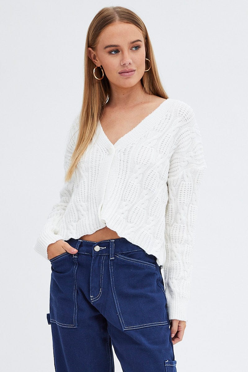 White Oversized Cable Knit Cardigan for Ally Fashion