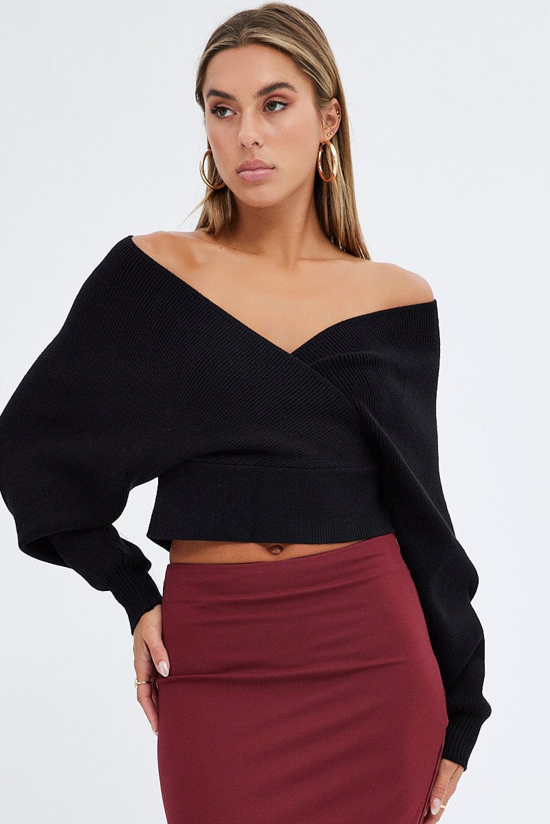 Black Knit Top Long Sleeve Cross Over for Ally Fashion