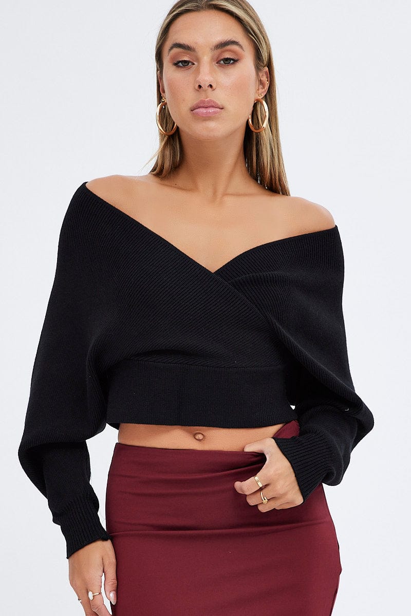 Black Knit Top Long Sleeve Cross Over for Ally Fashion