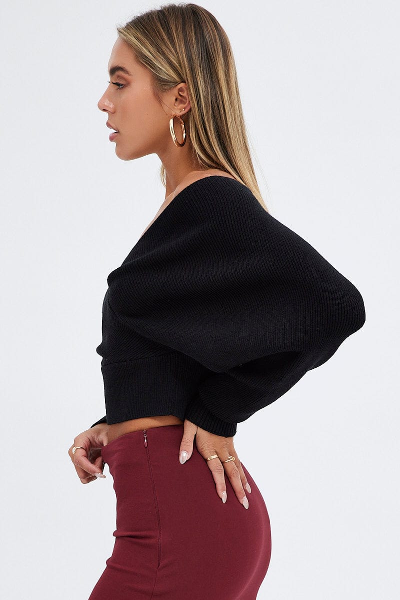 Black Knit Top Long Sleeve Cross Over for Ally Fashion