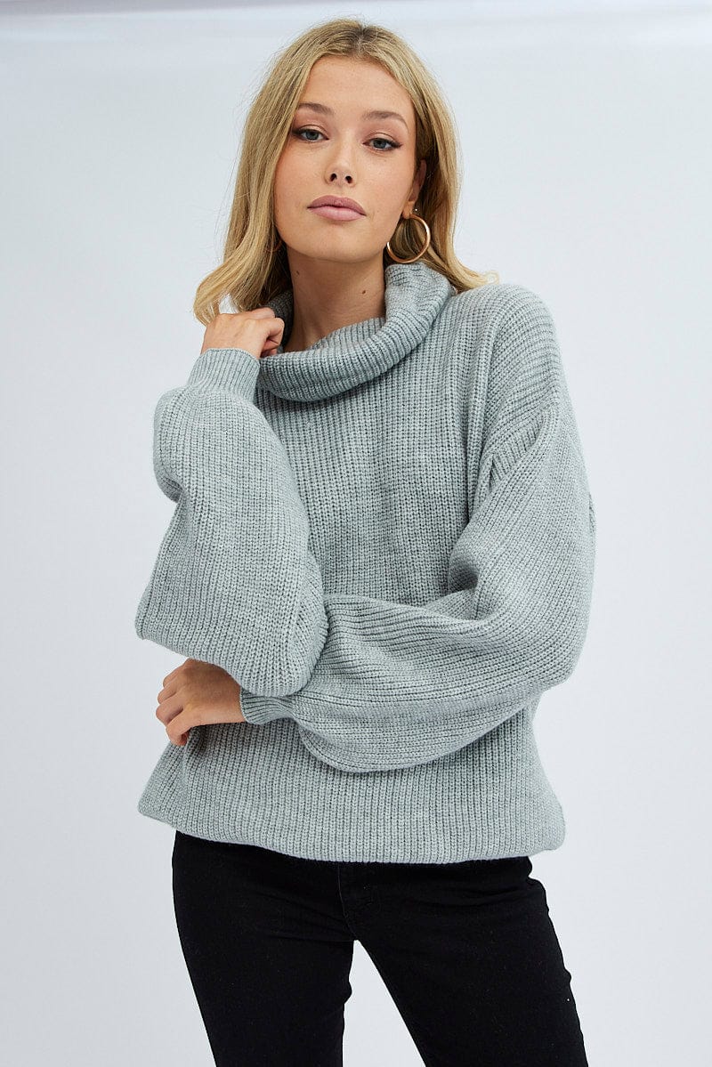 Grey Knit Top Long Sleeve Oversized Turtleneck for Ally Fashion