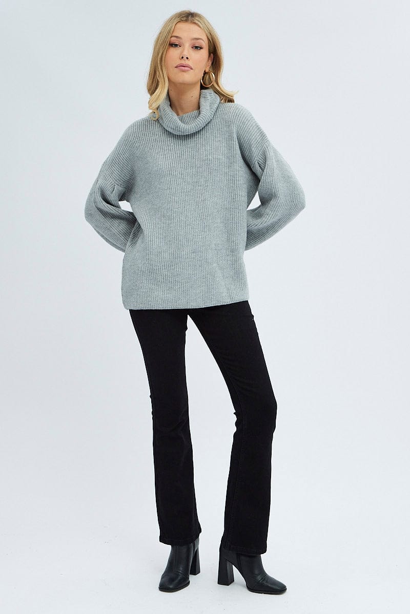 Grey Knit Top Long Sleeve Oversized Turtleneck for Ally Fashion