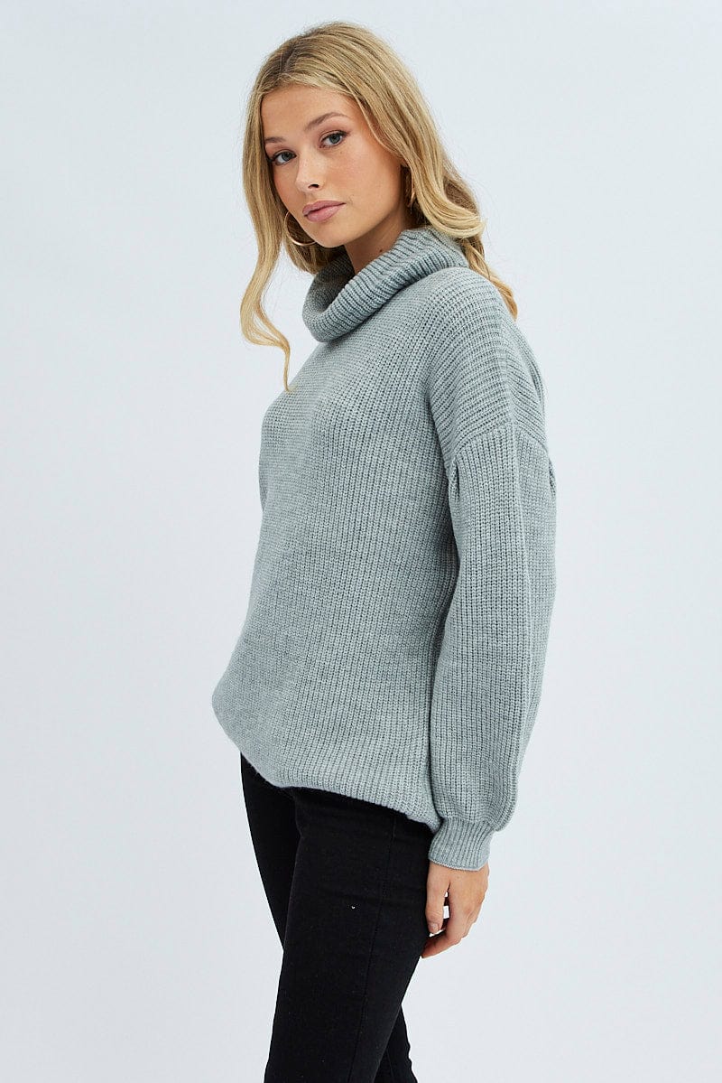 Women\'s Grey Knit Top Long Fashion Ally Turtleneck | Oversized Sleeve