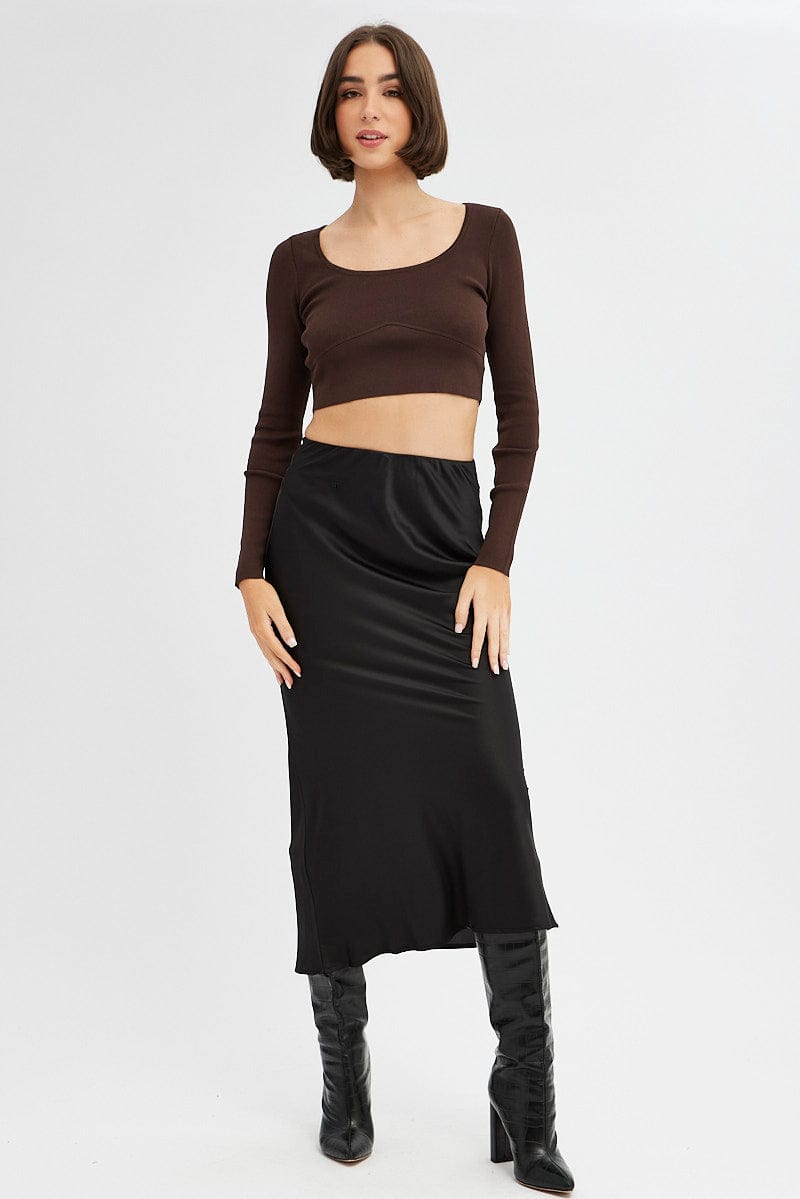 Brown Knit Top Long Sleeve Crop for Ally Fashion