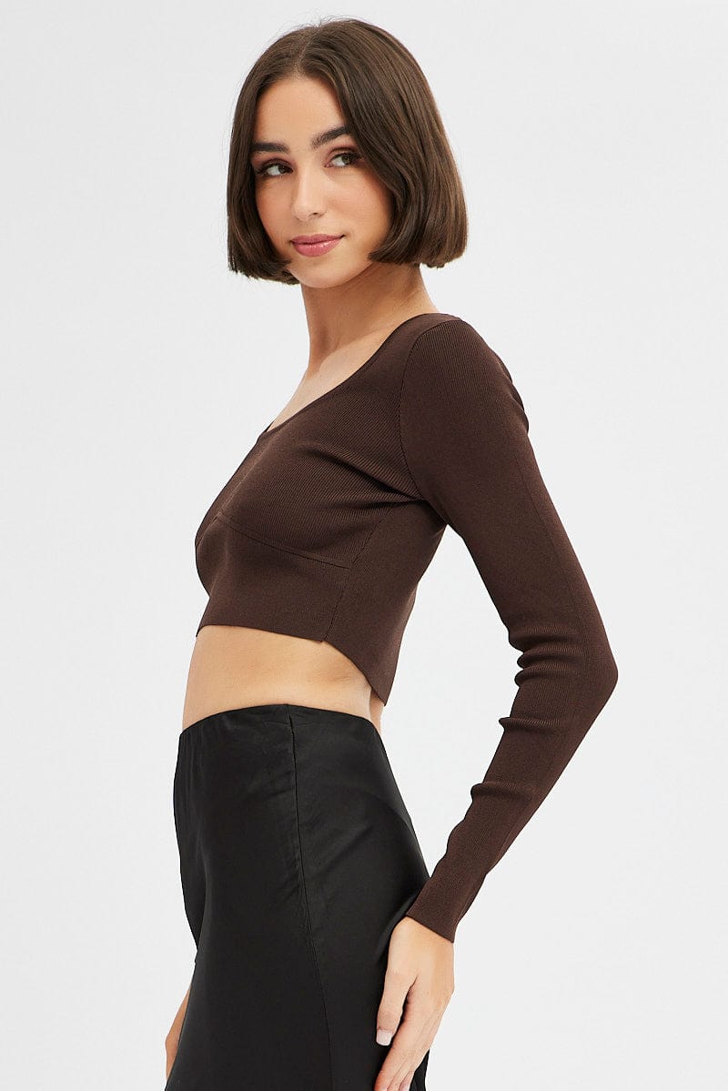 Brown Knit Top Long Sleeve Crop for Ally Fashion