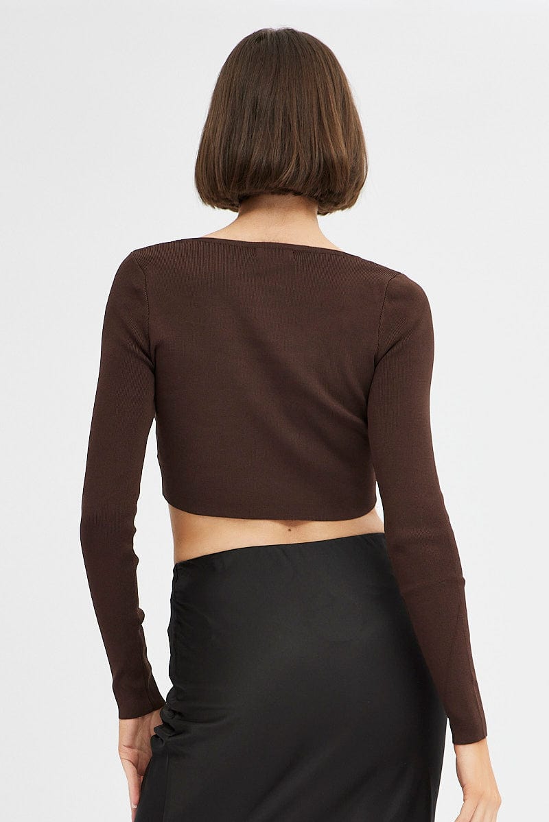 Brown Knit Top Long Sleeve Crop for Ally Fashion