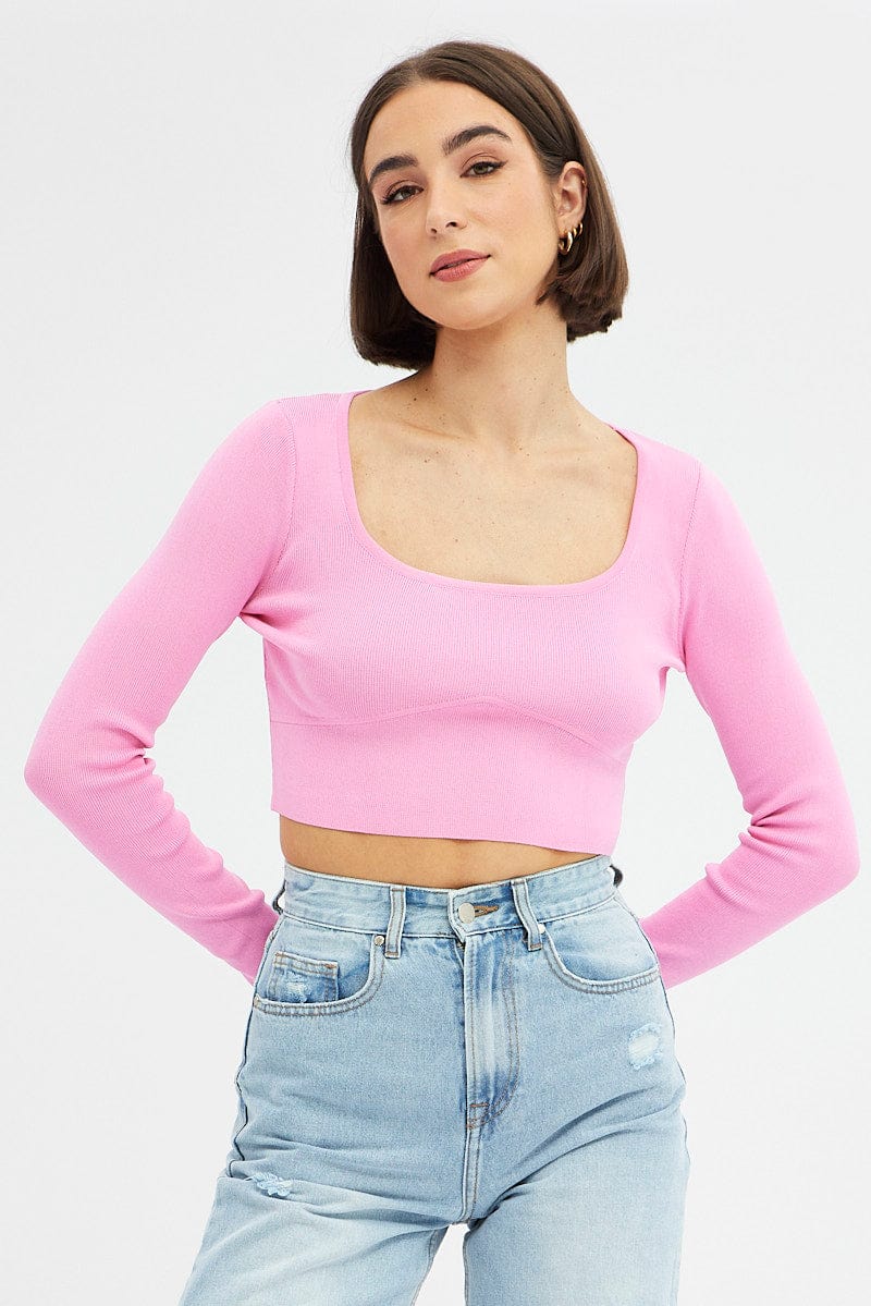Pink Knit Top Long Sleeve Crop for Ally Fashion