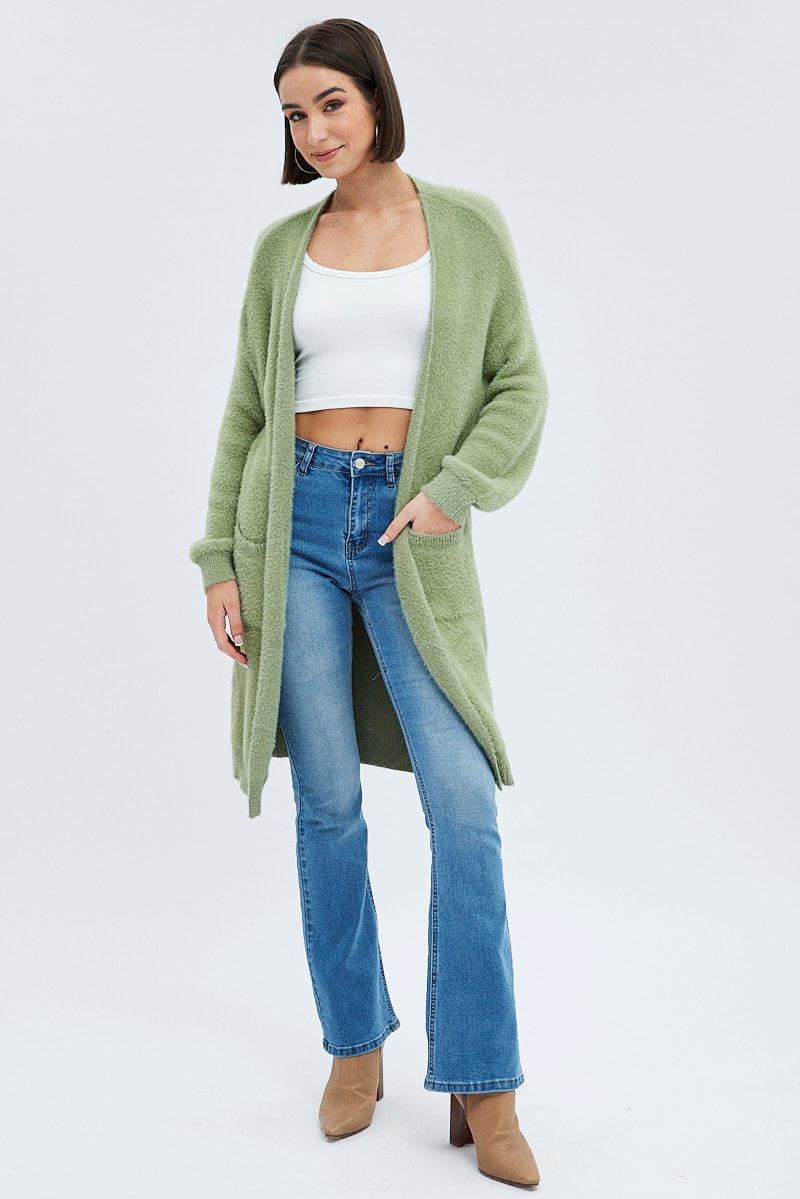 Green Longline Cardigan Fluffy for Ally Fashion