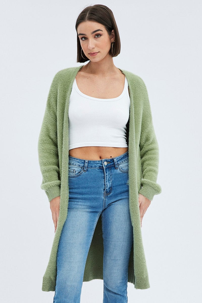 Green Longline Cardigan Fluffy for Ally Fashion