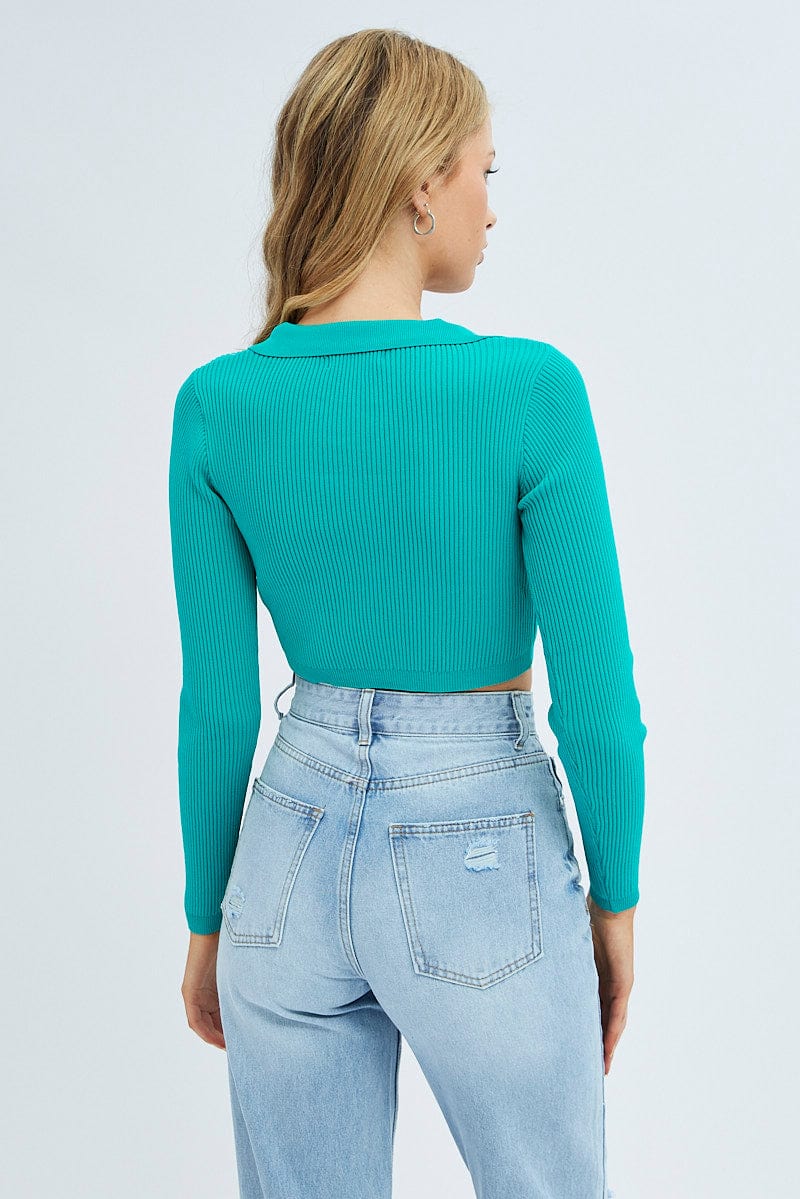 Green Knit Top Long Sleeve Crop Collared for Ally Fashion