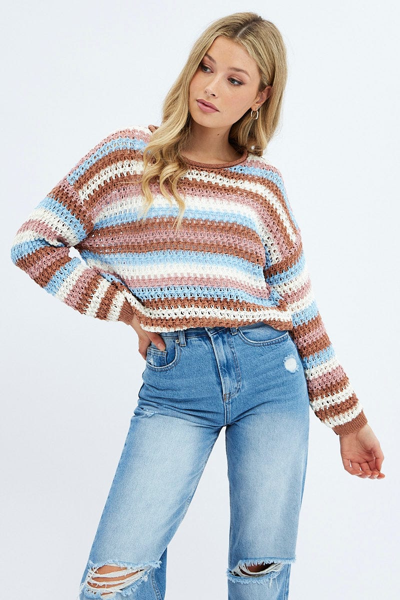 Stripe Knit Top Long Sleeve Relaxed Crew Neck for Ally Fashion