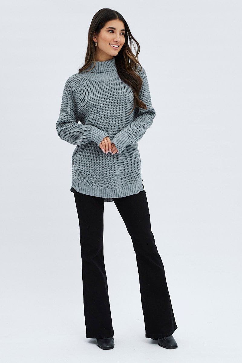 Grey Marle Turtle Neck Waffle Knit Long Line Top for Ally Fashion