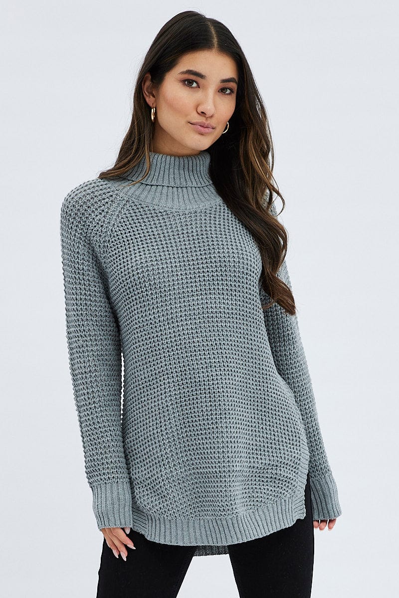 Grey Marle Turtle Neck Waffle Knit Long Line Top for Ally Fashion
