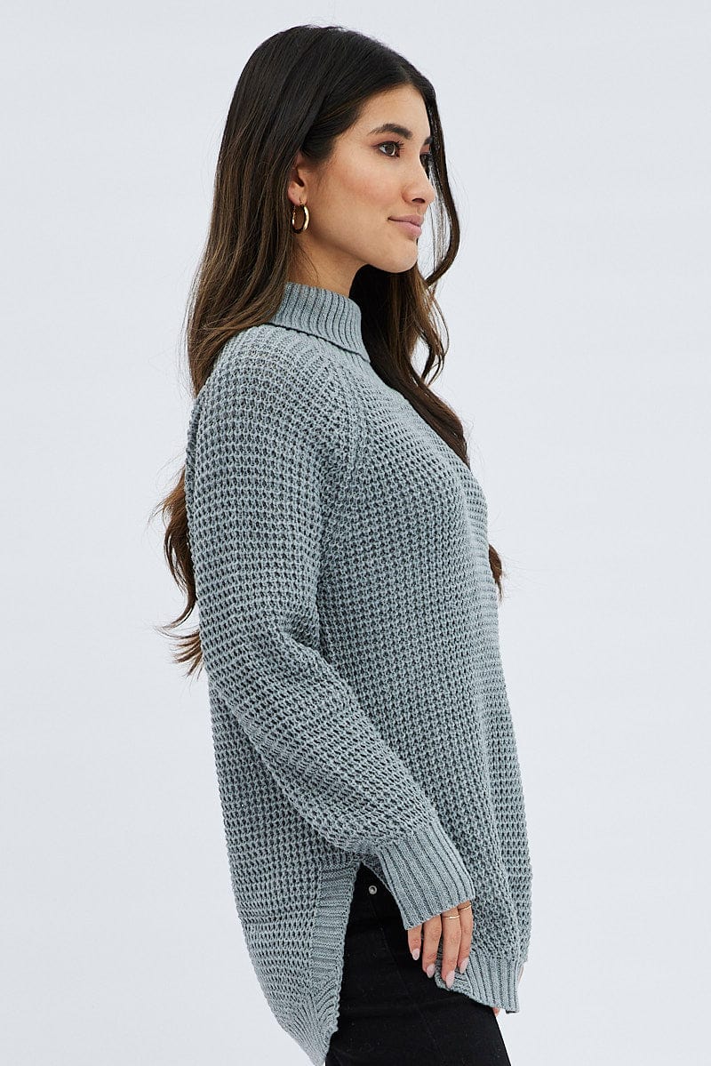 Grey Marle Turtle Neck Waffle Knit Long Line Top for Ally Fashion