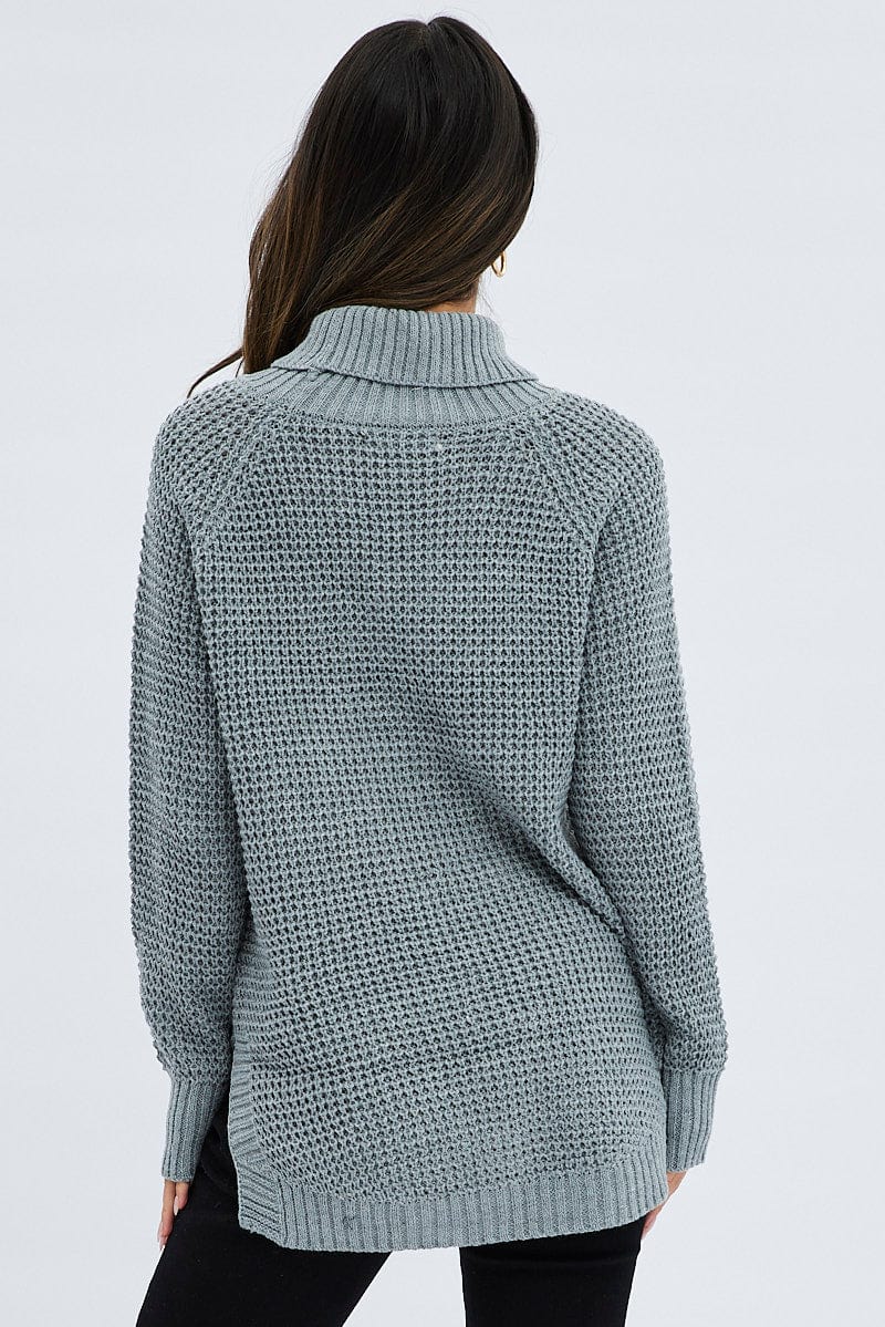 Grey Marle Turtle Neck Waffle Knit Long Line Top for Ally Fashion