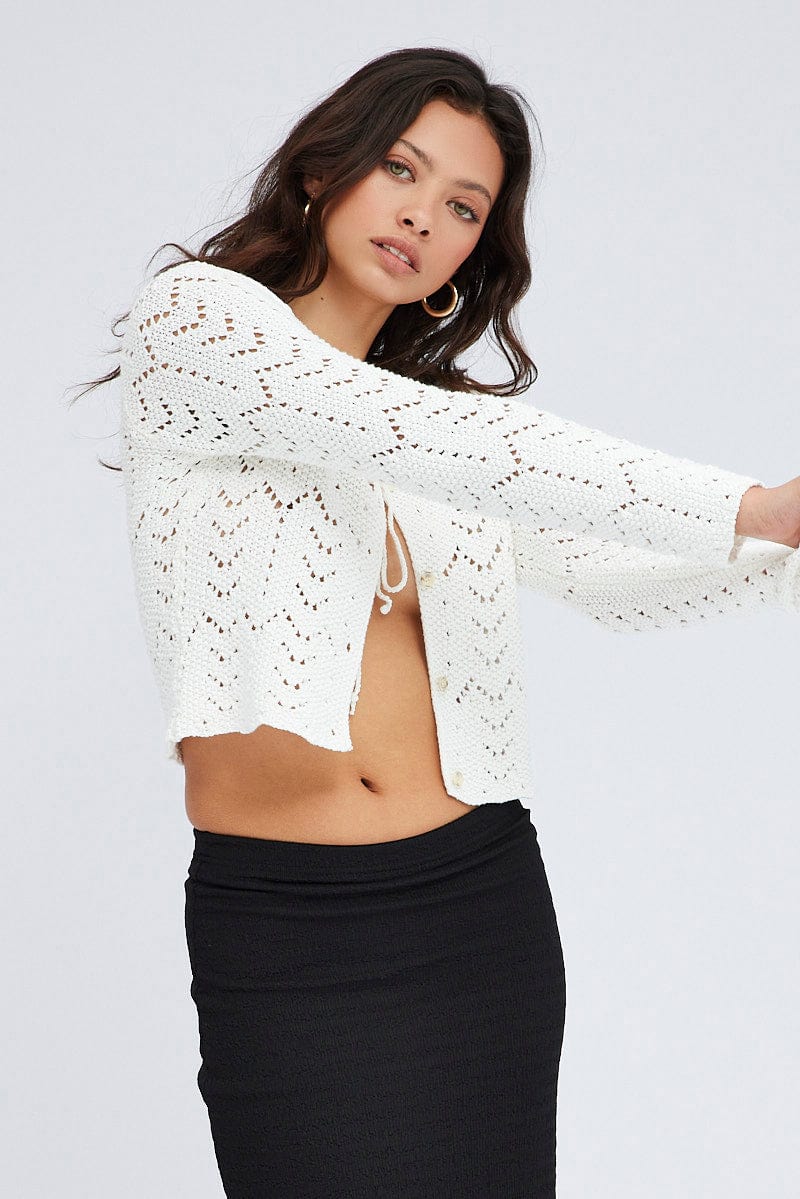White Round Neck Long Sleeve Crochet Knit Cardigan for Ally Fashion