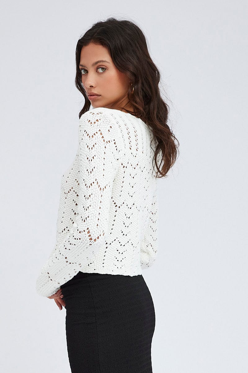 White Crochet Knit Cardigan Long Sleeve Round Neck for Ally Fashion