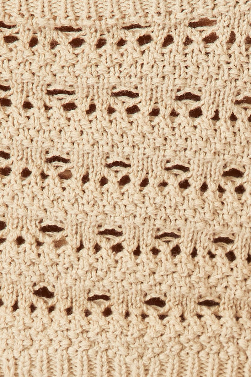 Beige Crochet Top Sleeveless V Neck Crop Knitted