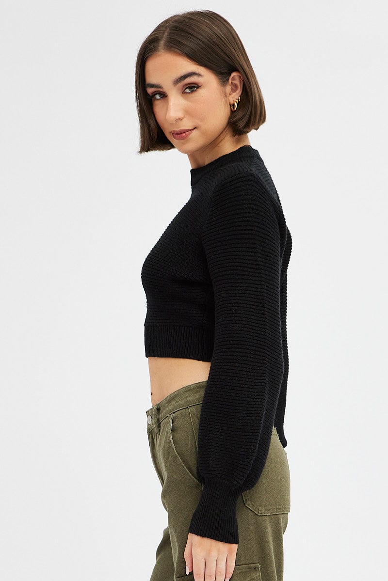 CROP KNITTED Black Knit Top Long Sleeve Crop Round Neck for Women by Ally