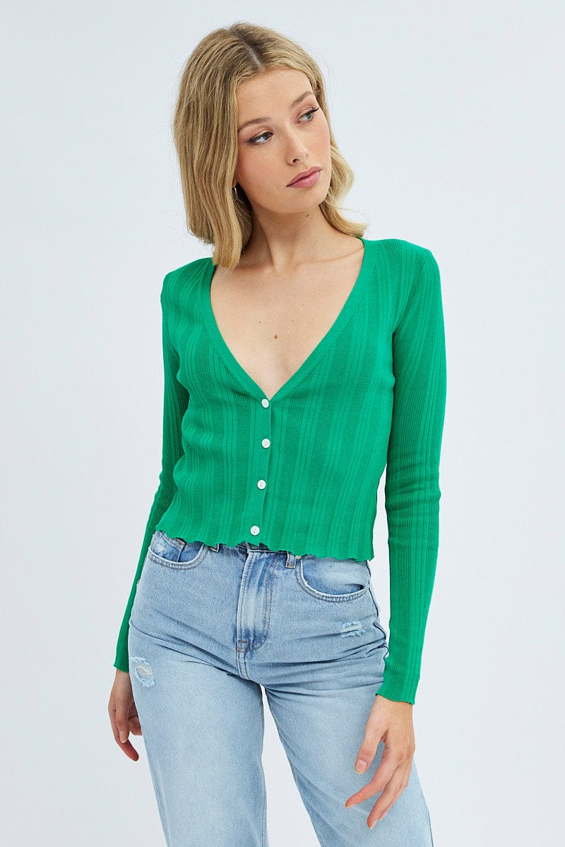 Green Long Sleeve Rib Knit Cardigan for Ally Fashion