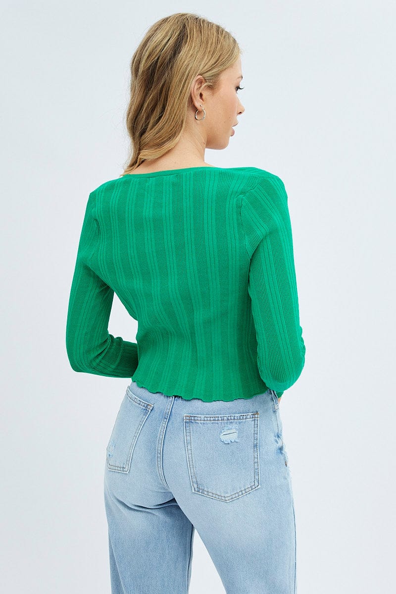 Green Long Sleeve Rib Knit Cardigan for Ally Fashion