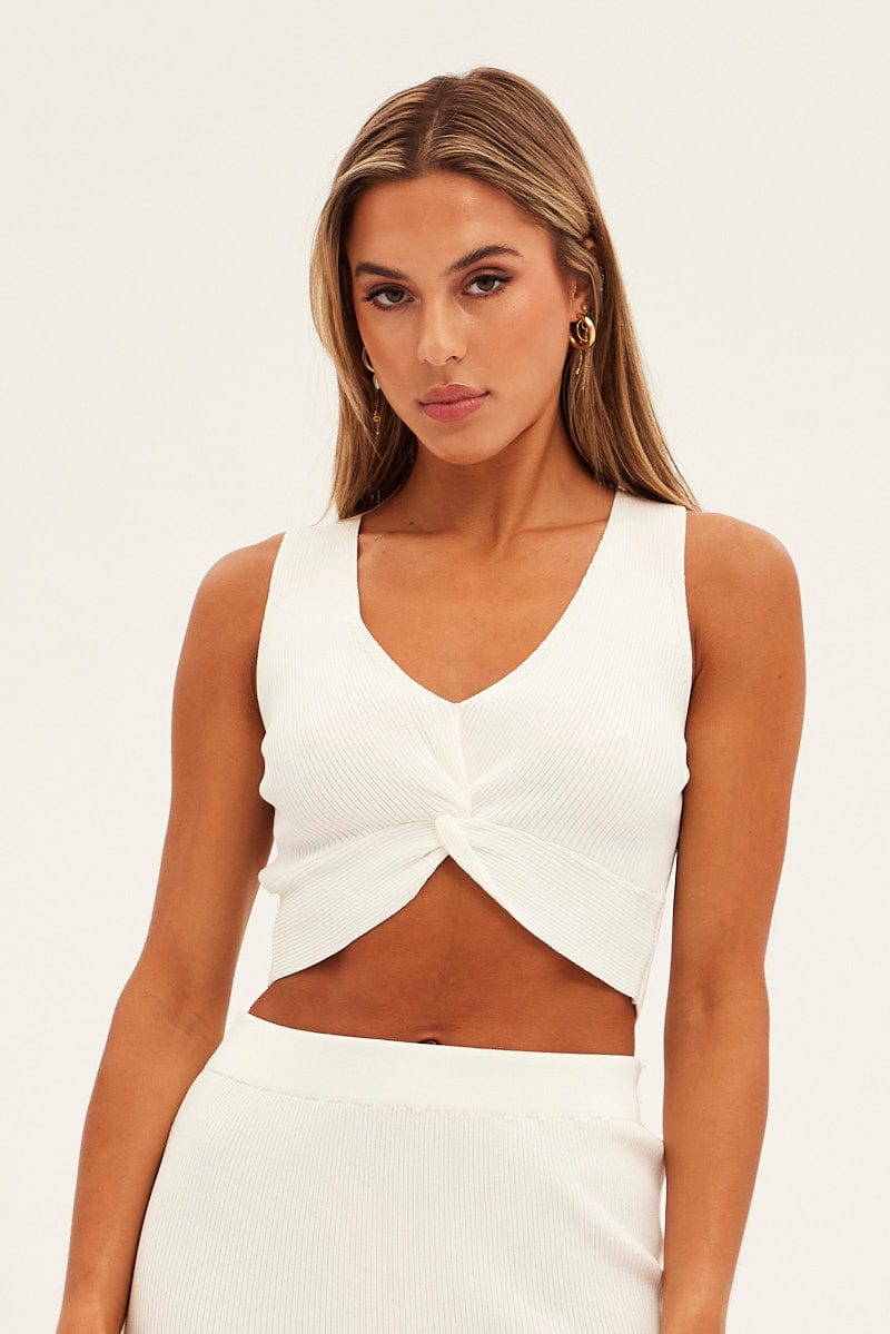 White Knit Top Crop Twisted Front for Ally Fashion