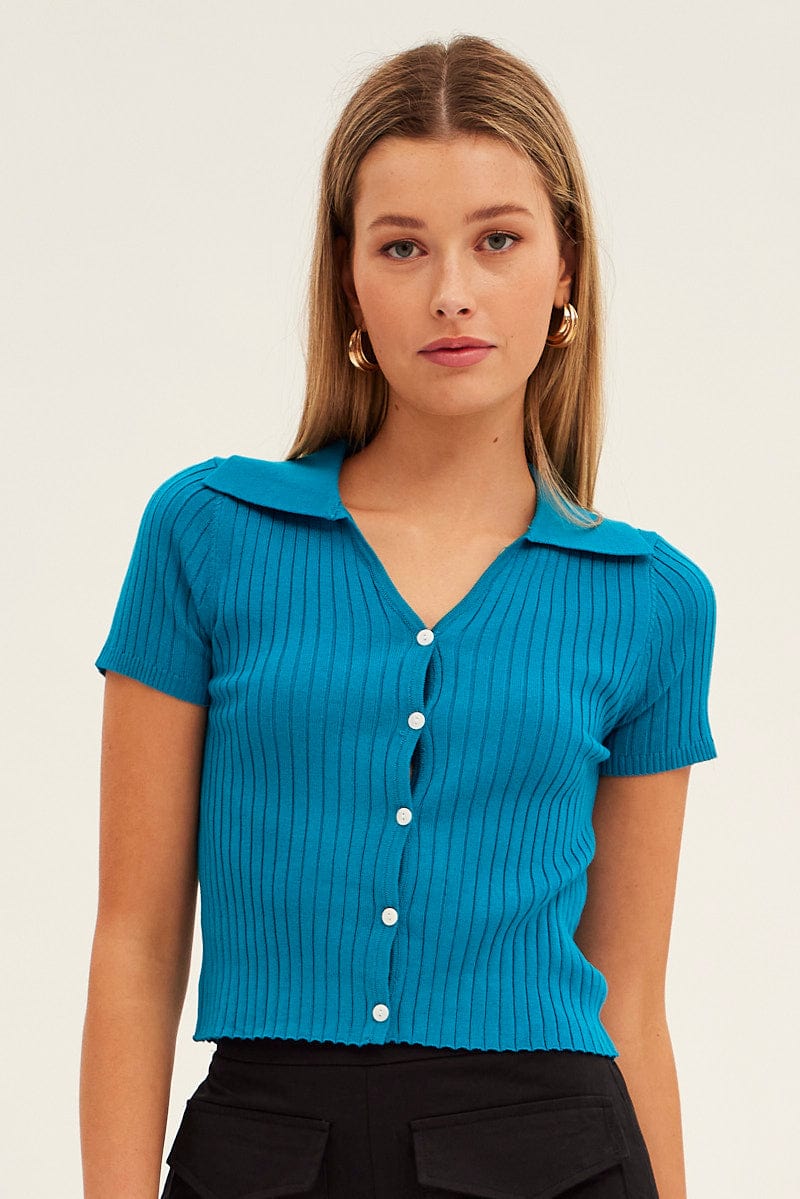 Blue Collar Knit Crop Cardigan Short Sleeve for Ally Fashion