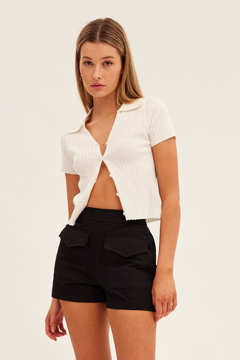 White Collar Knit Crop Cardigan Short Sleeve for Ally Fashion